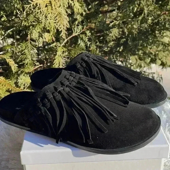 Free People Black Suede Fringed Mules - Picture 4 of 6